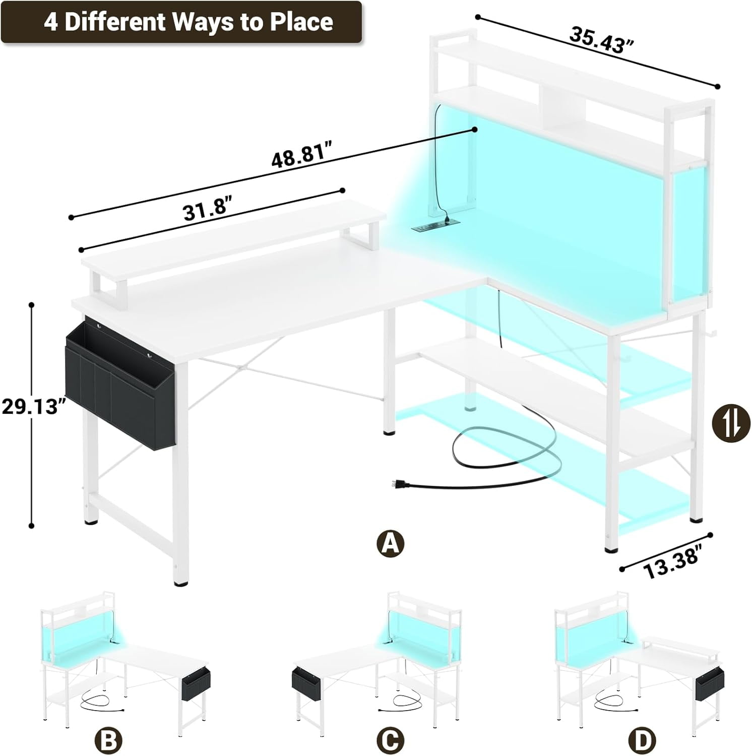 Homieasy L Shaped Gaming Desk with Power Outlets & LED Lights, Small L- Shaped Desk Computer Corner Desk with Monitor Stand & Storage Shelf, Home Office Desk Writing Desk with Storage Bag, White