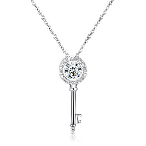 Timorina 1CT Moissanite Halo Key Necklace Pendant in 18K White Gold over Silver