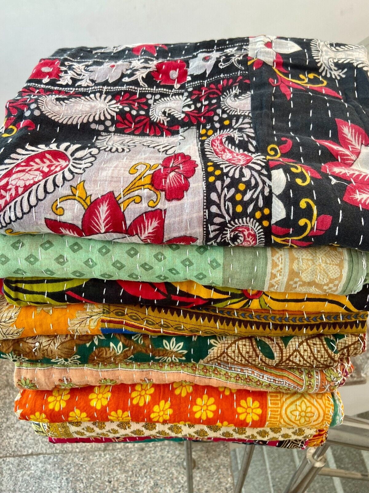 Nilehari Handicrafts Vintage Kantha Quilt, Kantha Throw Blanket, Cotton, Twin Size, All Seasons, 5 Count
