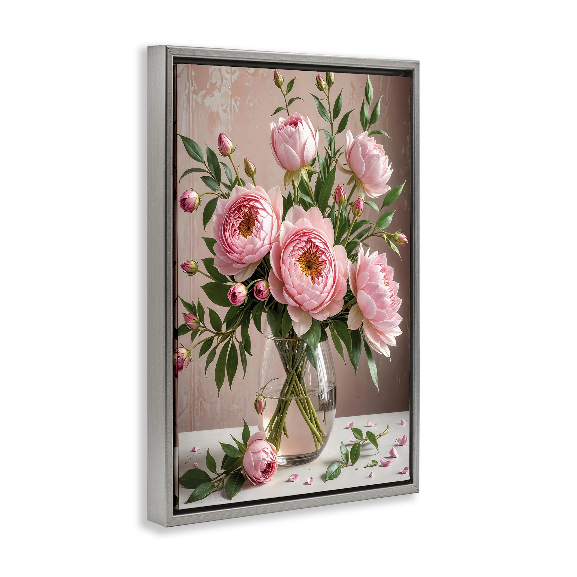 Stupell Industries Elegant Peonies in Vase Plants & Flowers Painting Gray Floater Framed Canvas Art Print Wall Art, 21 x 31