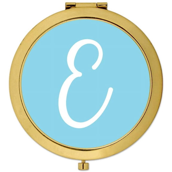 Koyal Wholesale Gold Compact Mirror Bridesmaid's Wedding Gift, Baby Blue, Monogram Letter E, 1-Pack