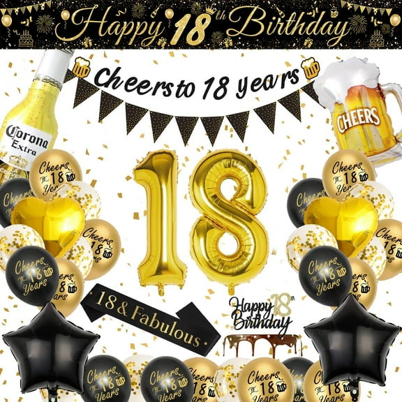 YANSION 18th Birthday Decoration for Men, 18th Black Gold Balloons with Cheers to 18 Years Banner, Beer & Beer Mug Foil Balloons, Number 18 Foil Balloons for Birthday Party Decorations
