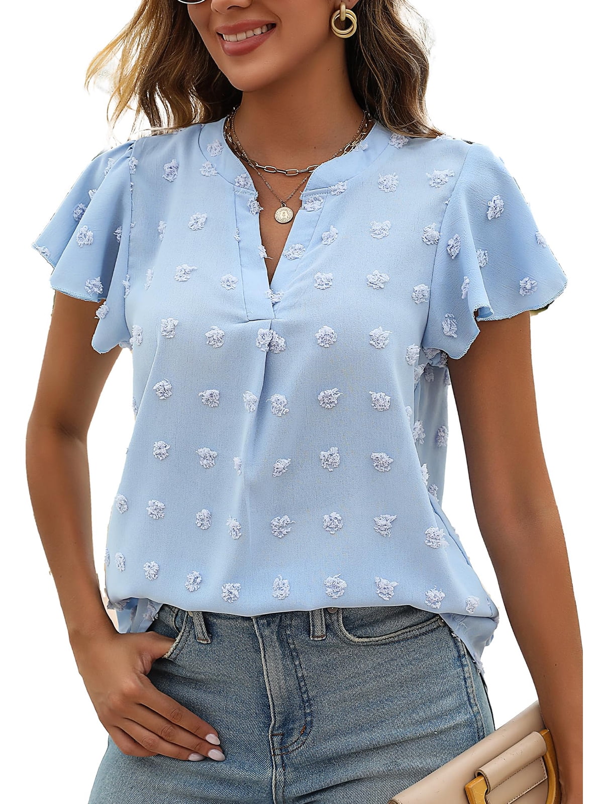 DAKIMOE Womens Tops Summer V Neck Ruffle Shirts Short Sleeve Swiss Dot ...