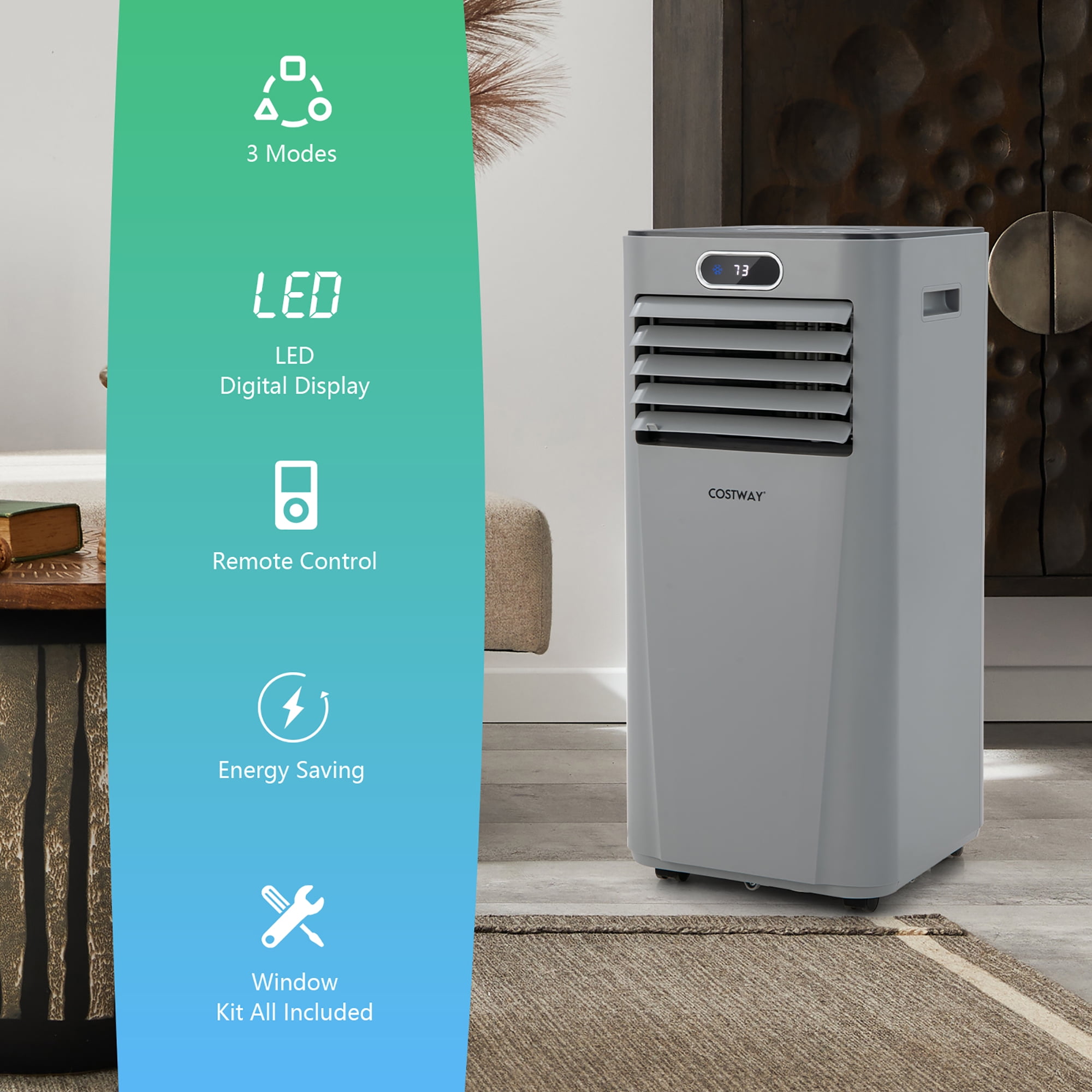 Costway 5000 BTU (8000BTU ASHRAE) Portable Air Conditioner with Remote Control 3-in-1 Air Cooler w/ Drying Grey（Not for Sale in California）