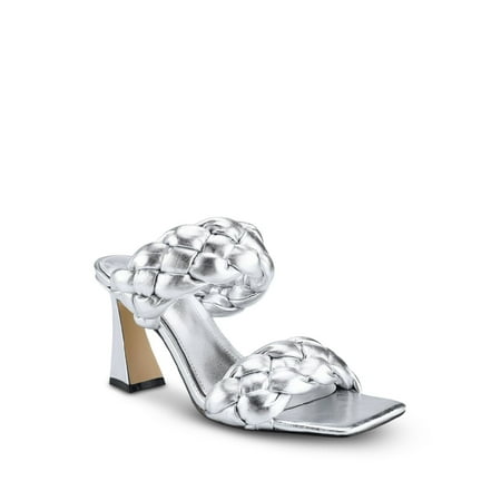 

MARC FISHER Womens Silver Braided Padded Hammy Square Toe Flare Slip On Leather Dress Heeled Sandal 7 M