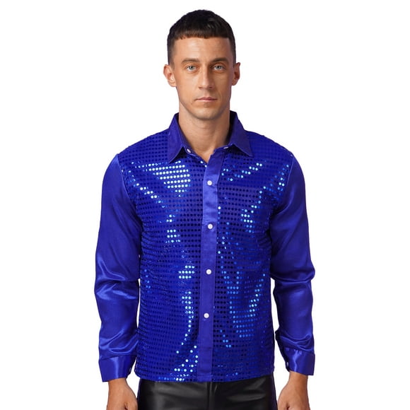 Jhaoyu Men's Shiny Sequin Disco Dance Shirt Long Sleeve Button Down T-Shirt for Nightclub Rave Party Blue 185