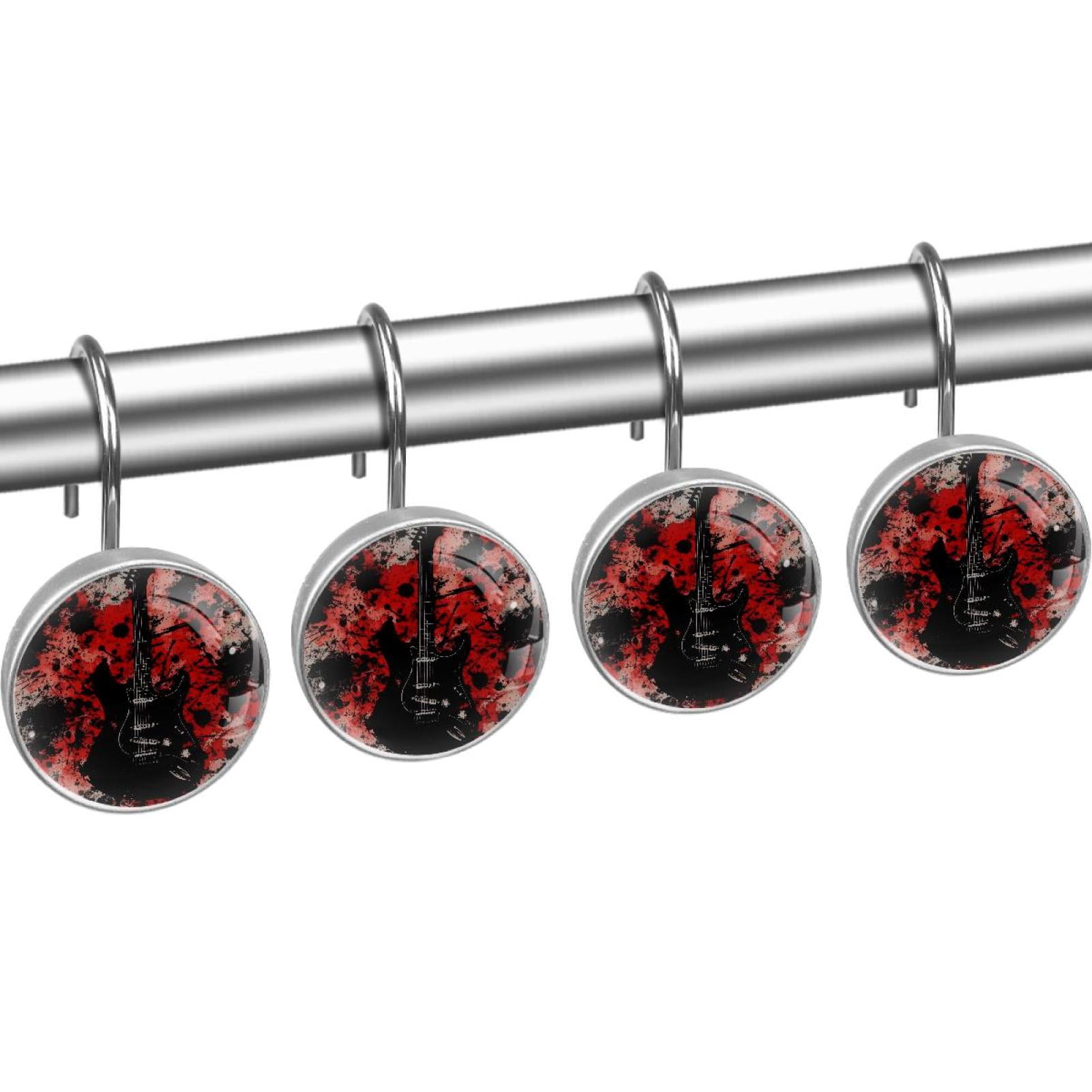Guitar on Grunge Black and Red Shower Curtain Hooks Round Crystal Glass, Set of 12 Shower Curtain Rings - Shower Hooks for Curtain Shower Rings