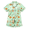 thumbnail image 3 of RUTAYY Girls Pajama Set Halloween Cute Pumpkin Popcorn Ghost Graphic Short Sleeve Top and Shorts Cozy Home Wear Light Green, 3 of 3