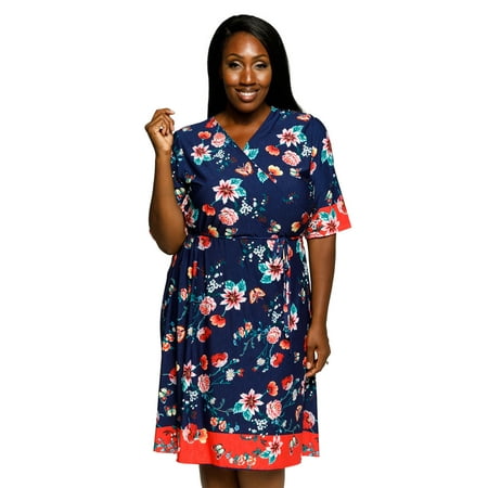 Print Surplice Dress - Xehar Women's Plus Size Casual Floral Print Surplice Waist Tie Dress
