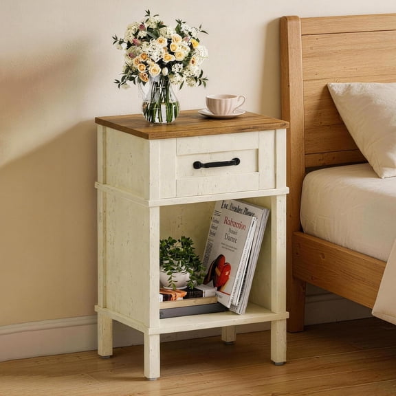 White Farmhouse Nightstand with Drawer, Small Wooden Bedside Table, White End Table, Bedroom Side Table with Storage, Rustic Wood Night Stand LET512WR