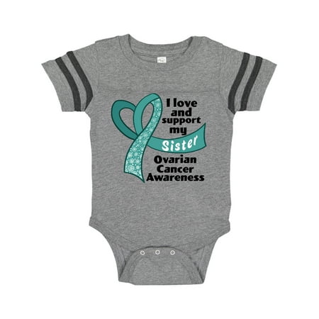 

Inktastic I Love and Support My Sister Ovarian Cancer Awareness Gift Baby Boy or Baby Girl Bodysuit