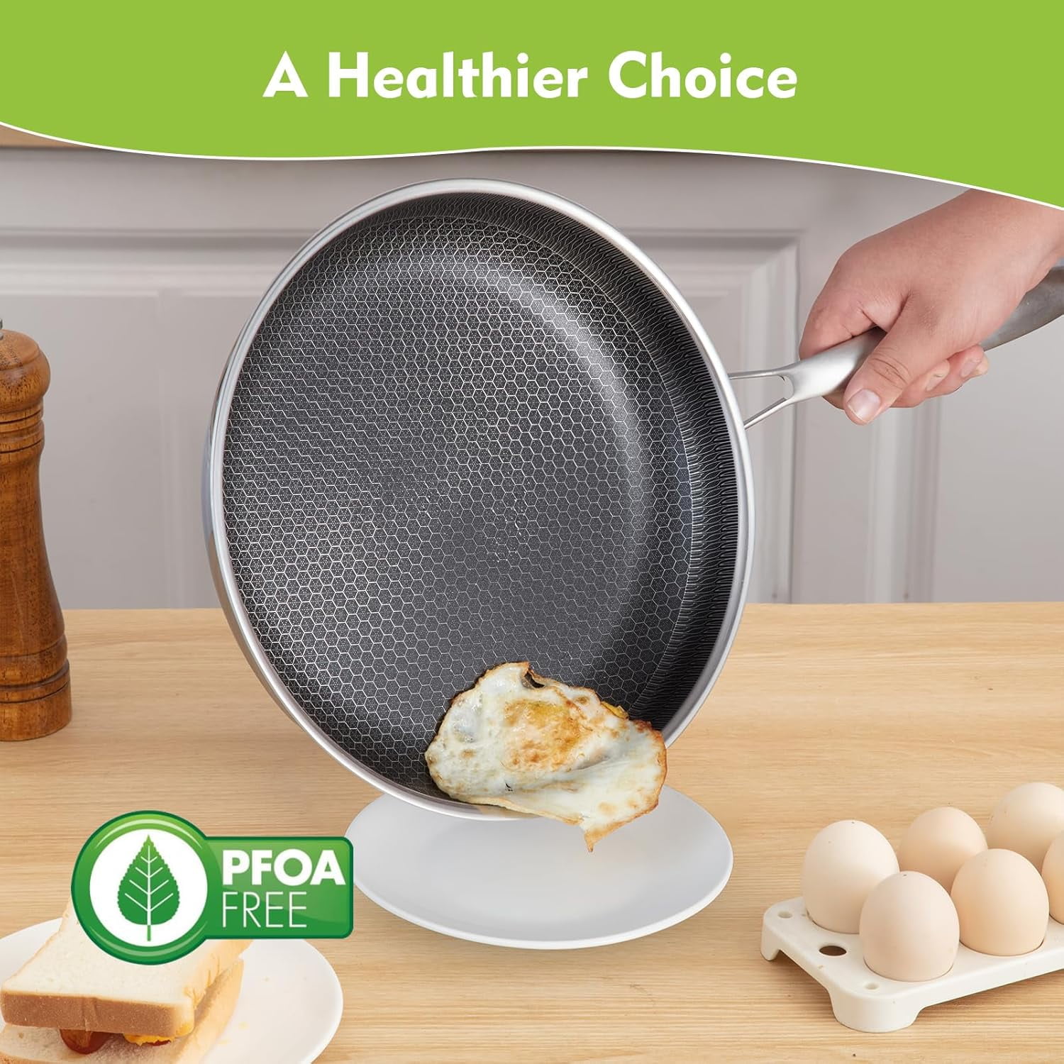 Non Stick Frying Pans, Hybrid 12 Inch with Lid, Stainless Steel Skillets for Induction, Gas & Oven Use
