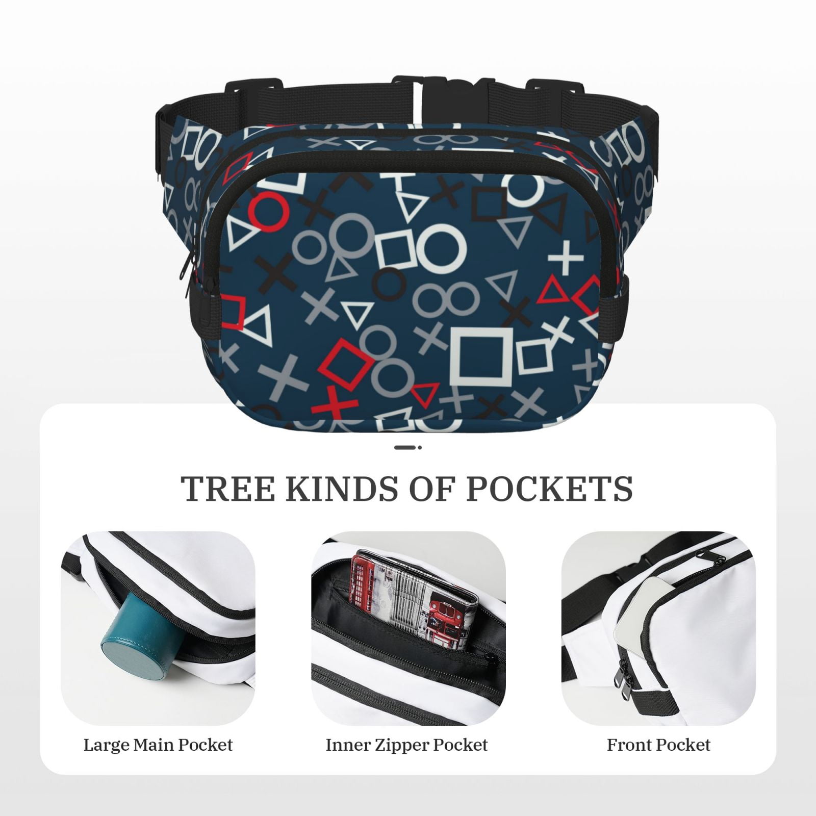 Picia Navy Blue Geometric Print Square Double-Layer Waist Bag Mini Adjustable Waist Belt Bag Exercise Running Travel Hiking