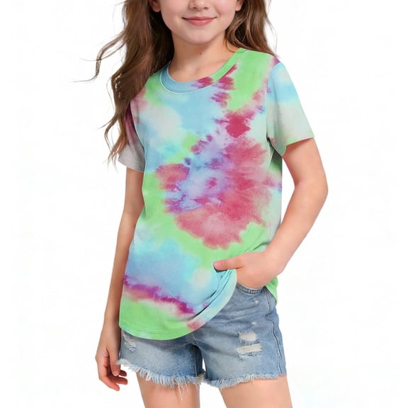 NAISIBABY Girls Graphic T-Shirt (3-14T), Short Sleeve Tie-Dye Prints Crew Neck Summer Casual Fashion Tees Red 13T