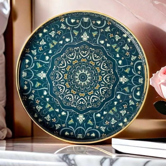 Round Serving Tray with Handles - Ottoman Tray, Coffee Table Tray, Plastic Decorative Tray, Boho Ottoman Tray for Living Room