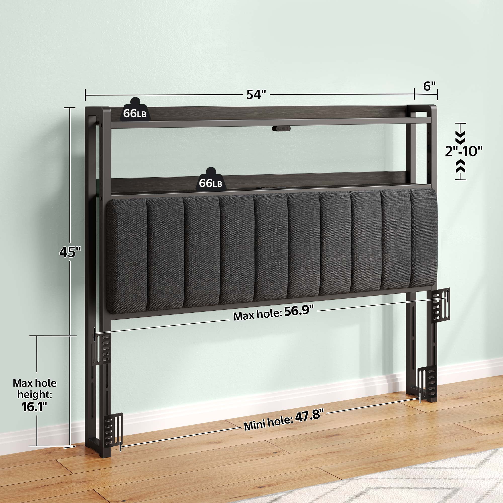 Greenstell Full Size Adjustable Storage Headboard - Modern Black Upholstered Bed Frame with LED Lights, Charging Station & Soft Padding, Linen