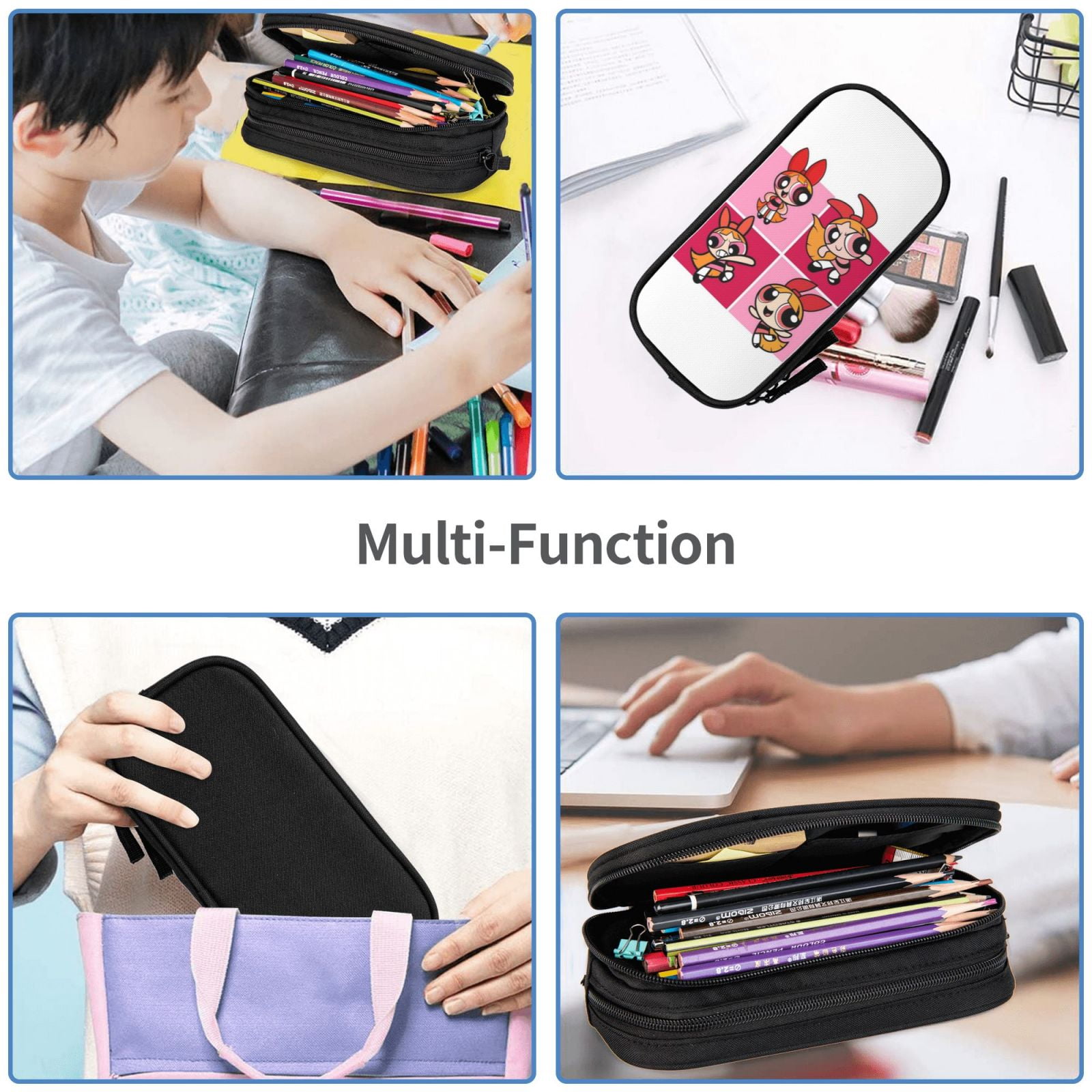 The Powerpuff Gi-rls Pencil Case Large Capacity Pencil Pouch Penbag Office Stationery Organizer Travel Makeup Bag Black