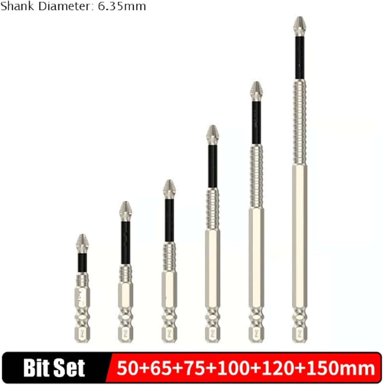 High-Magnetic Screwdriver Drill Bit Set, 6-Piece Alloy Steel Magnetic Drill Bits for Electric Screwdriver & Drill, Anti-Slip, 25-150mm Lengths