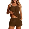 thumbnail image 2 of Costeam Womens Contrast White Trim Spaghetti Strap 2 Piece Outfit Set Loose Sleeveless Tank Top and Pull On Shorts with Side Pockets Elastic High Waist Solid Color Casual Matching Loungewear Suit, 2 of 9
