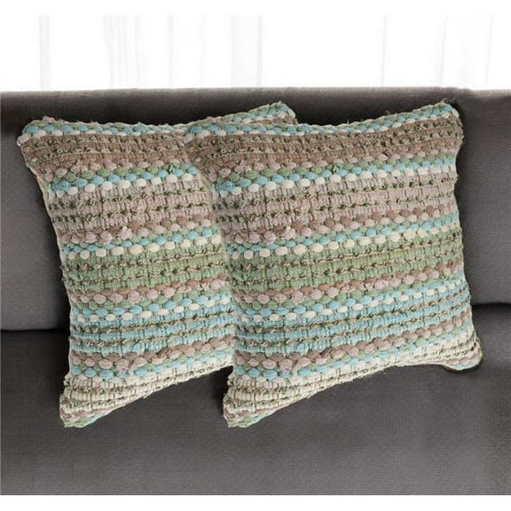 HomeRoots 554583 18 in. Beige Blue & Green Striped Cotton Blend Throw Pillows - Set of 2