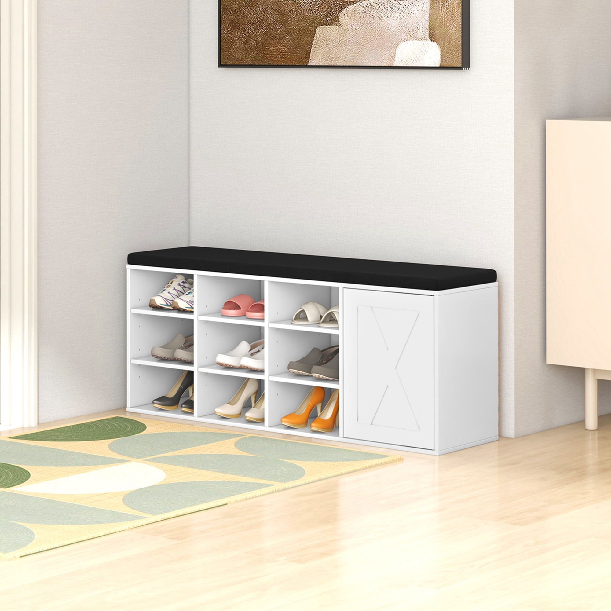 Costway 9-Compartment Adjustable Storage Shoe Rack with Padded Cushion, White