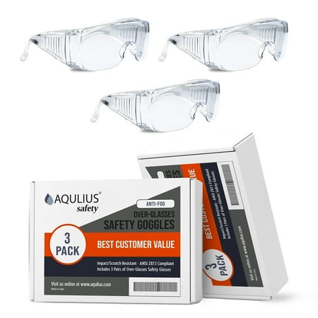 

Aqulius 3 Pack Safety Glasses Over Eyeglasses (Anti-Fog & Scratch Resistant) Wrap Around Crystal Clear Eye Protection - OTG Safety Goggles are Perfect for Construction Shooting Lab Work & More!