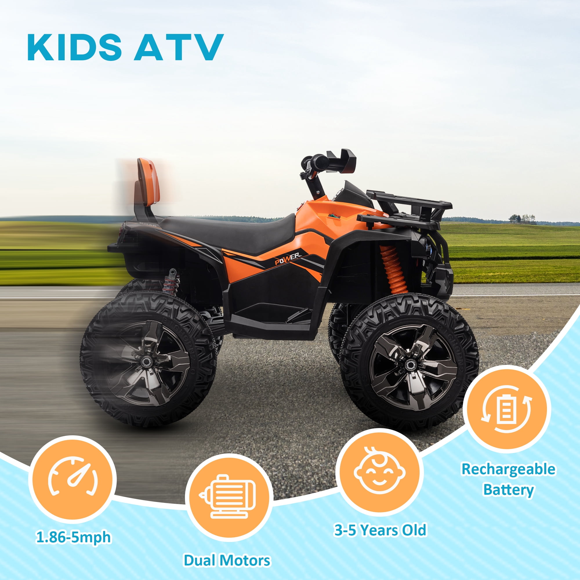 Aosom Kids ATV, 12V 4 Wheeler Ride on Quad Car Toy with Music, Headlights, Battery Powered Electric Vehicle for Boys and Girls, Orange