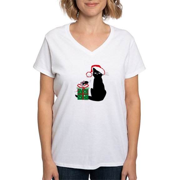CafePress - Santa Cat & Mouse Women's V Neck T Shirt - Womens Cotton V-Neck T-shirt