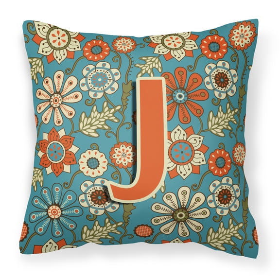 Carolines Treasures CJ2012-JPW1414 Letter J Flowers Retro Blue Canvas Fabric Decorative Pillow  14Hx14W multicolor