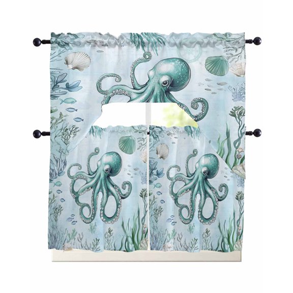 Coastal Octopus Swag Kitchen Curtains Sets for Windows 24 Inch Length, Cyan Nautical Fish Shells Seaweeds Short Window Curtain Panels Swags Valances and Tiers 3 Piece Set for Cafe/Dining Room