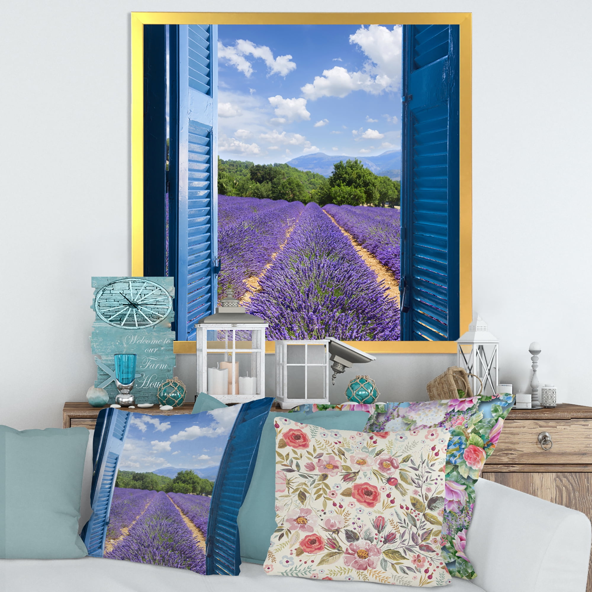 Designart 'View of Lavender Field Through Blue Open Cottage Window' Farmhouse Framed Art Print
