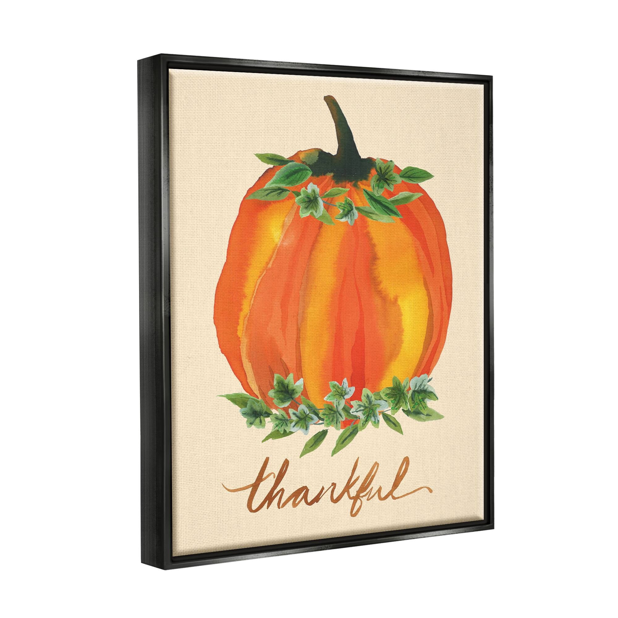 Stupell Industries Thankful Orange Pumpkin Leaf Botanicals Autumn Plants Graphic Art Jet Black Floating Framed Canvas Print Wall Art, Design by Heather McLaughlin