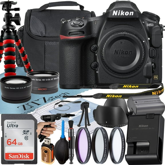 Nikon D850 DSLR Camera (Body Only) with 45.7MP FX-Format BSI CMOS Sensor   SanDisk 64GB Card   Case   3 Pieces Filter   Flash   ZeeTech Accessory Bundle