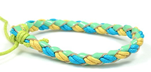 Genuine Braided Woven Neon Green Blue Yellow Bright Colorful Leather Hemp Adjustable Surfer Bracelet Women Men