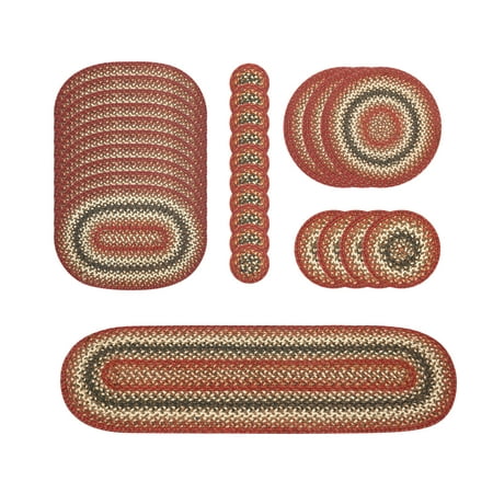 

Homespice Chester Red Jute Braided Table Accessories ( Pack Of 28 ) 4 Coaster (10pcs) 8 Trivet (4pcs) 15 Placemat (3pcs) 13x19 Placemat (10pcs) and 11x36 Table Runner (1pcs)