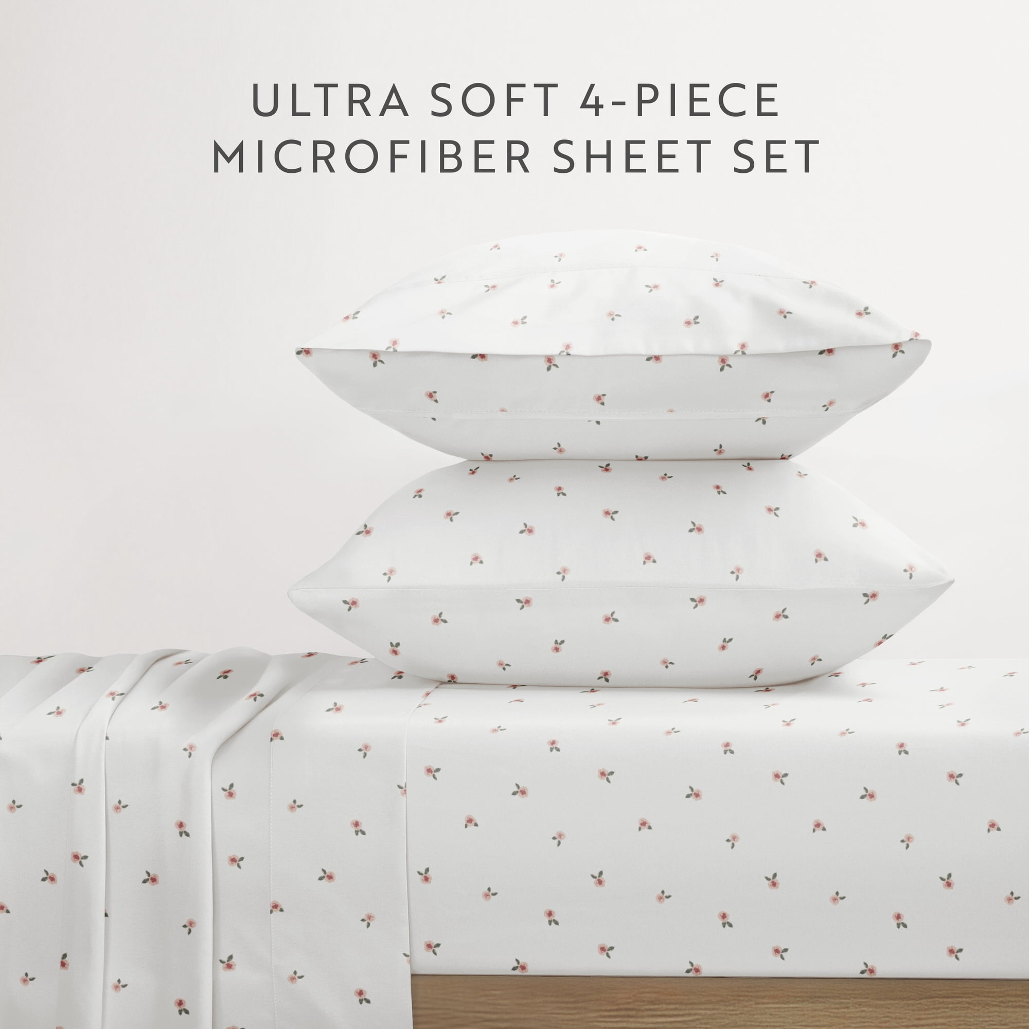 Noble Linens 4 Piece Ditsy Pattern Microfiber Bed Sheets, Pink Floral, King