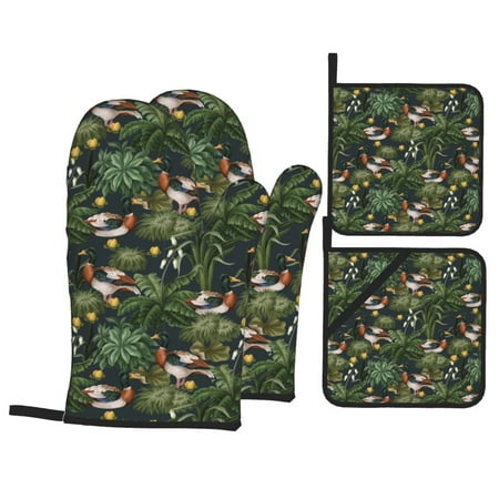 

Oven Mitts and Pot Holders 4 Pcs Set Mallard Ducks And Water High Heat Resistant Oven Mitts with Pot Holders for Kitchen Baking and Cooking