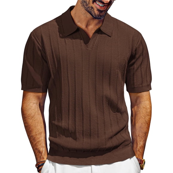 Polo PJ PAUL JONES, manga corta, cuello en V, punto café para hombre