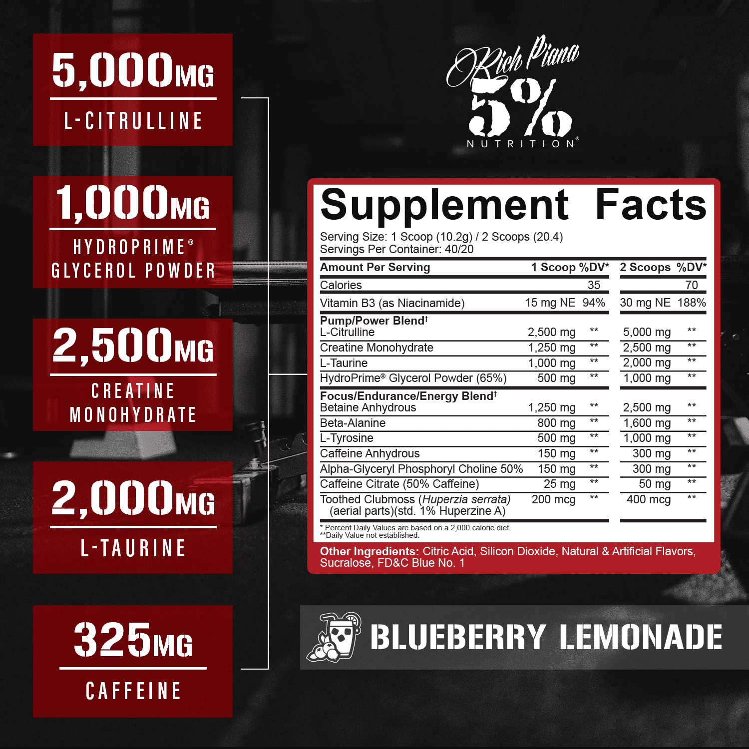 5% Nutrition Rich Piana Kill It Pre-Workout Powder Supplement with Creatine & Caffeine for Pump, 40 Servings (Blueberry Lemonade)