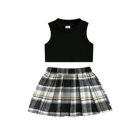 

Canrulo Kids Toddler Baby Girl Summer Clothes Ribbed Sleeveless Tank Tops Plaid Pleated Skater Tennis Skirt Set Black 9-12 Months