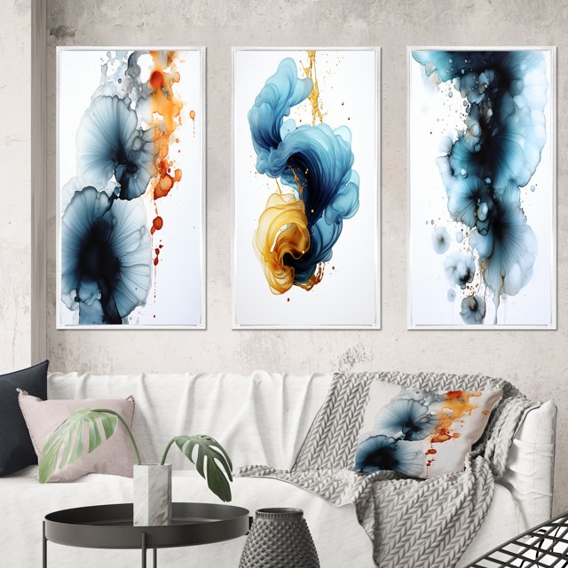 Designart "Wonders Found Turquoise and Gold Ink Cloud II" Abstract Painting Framed Wall Art Set Of 3 - Turquoise Modern Frame Canvas Set For Living Room Decor