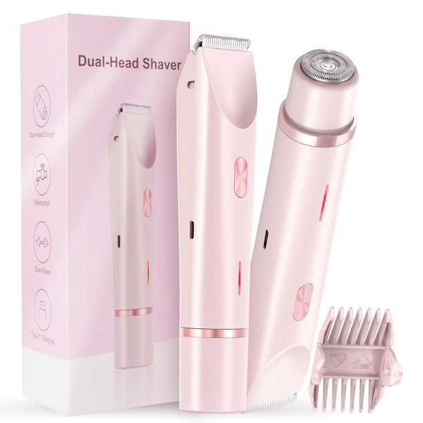 Recortadora de bikini para mujer, afeitadora de doble cabezal, 2 en 1 con cabezales de cuchillas de cerámica y puerto de carga tipo C, afeitadora eléctrica para vello púbico, axilas, piernas, brazos