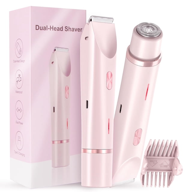 Recortadora de bikini para mujer, afeitadora de doble cabezal, 2 en 1 con cabezales de cuchillas de cerámica y puerto de carga tipo C, afeitadora eléctrica para vello púbico, axilas, piernas, brazos