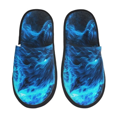 Balery Ice Blue Fire Wolf Slient Indoor Furry Fleece Comfort House Shoes Soft Non-Slip Home Shoes Cotton slippers House Slippers-- Medium