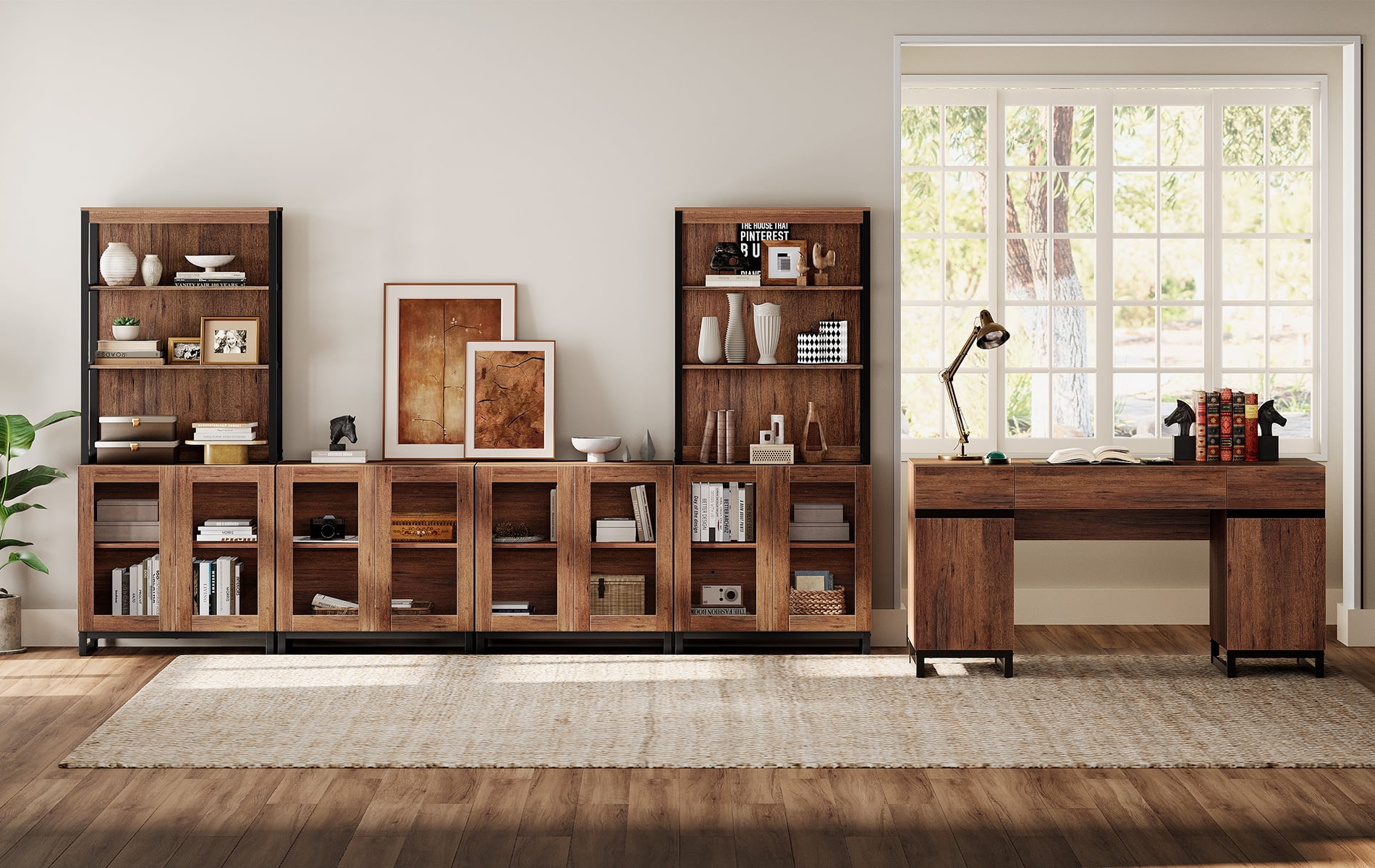 WAMPAT Home Office Furniture Set: 59" Executive Desk with Charging Station and Storage Cabinet, Two 72" Tall Bookcase With 3 Tiers And 4 Cabinets, Modern Computer Desk and Shelf for Work Study, Brown
