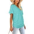 thumbnail image 4 of SHIBEVER Womens V Neck Short Sleeve Tshirts Casual Tops Cute T Shirts Summer Clothes Basics Tee Shirts for Women Clothes Tops with Side Shirring Loose Fit Pleated Tunics Solid Color Aqua Plus Size 3XL, 4 of 8