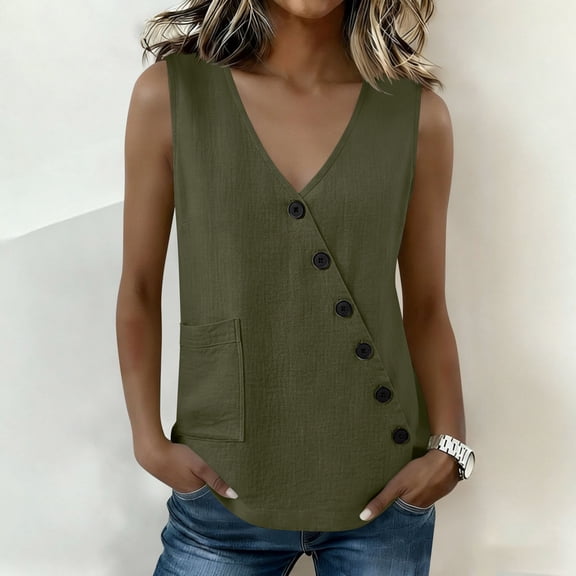 Qulqfy Casual Tank Tops for Women Loose Cotton Linen Sleeveless Basic Diagonal Buttons Vacation Single pocket Beach Womens Summer Tops Green L