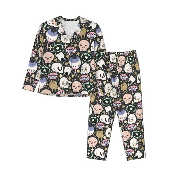 Vsdgher cartoon cute Skull star Pajamas Set Long Sleeve Sleepwear Womens Button Down Nightwear Pj Sets-Small