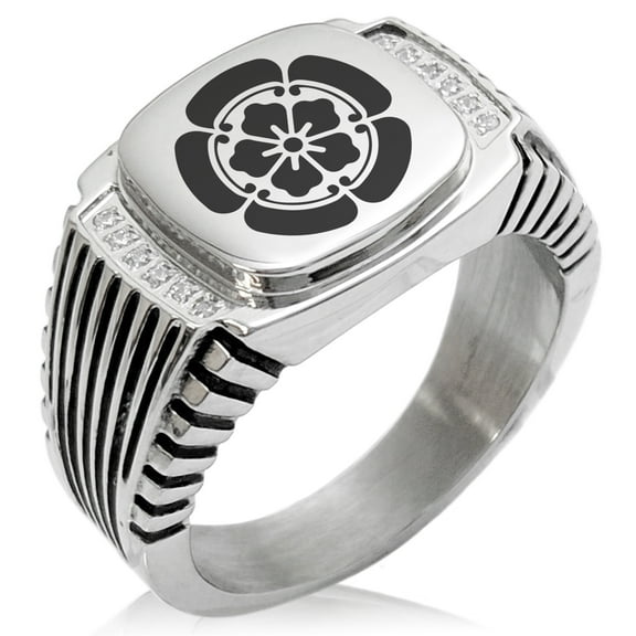 Stainless Steel Nobunaga Oda Samurai Crest CZ Ribbed Needle Stripe Pattern Biker Style Polished Ring