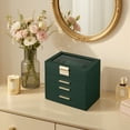 thumbnail image 2 of LEDREM Jewelry Box Organizer, 4-Layer Stackable Storage with 3 Drawers & Glass Lid, Modern Vanity Display Case for Earrings Necklaces Rings, Forest Green and Gold, 2 of 7
